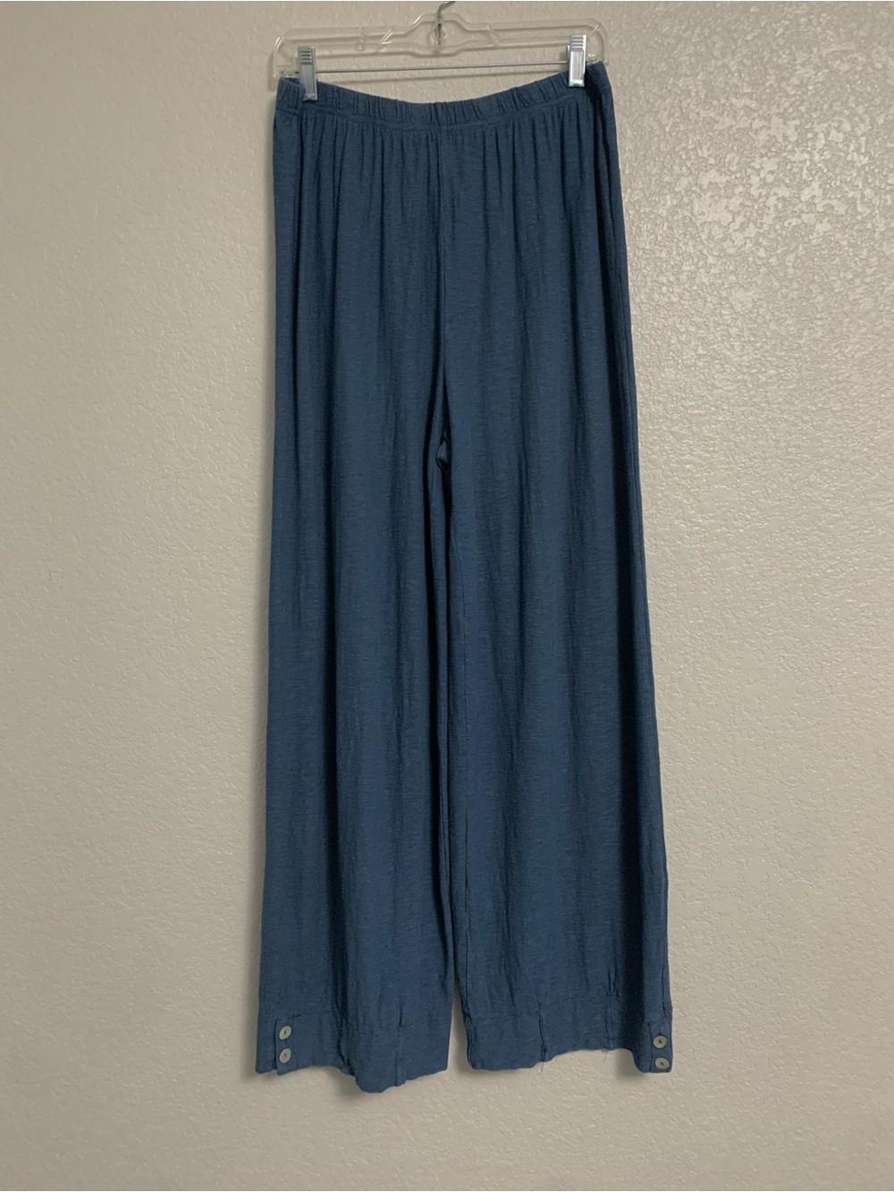 Cut Loose Pants Womens L Wide Leg Cotton Linen Jersey Pull On Button Ankle Blue